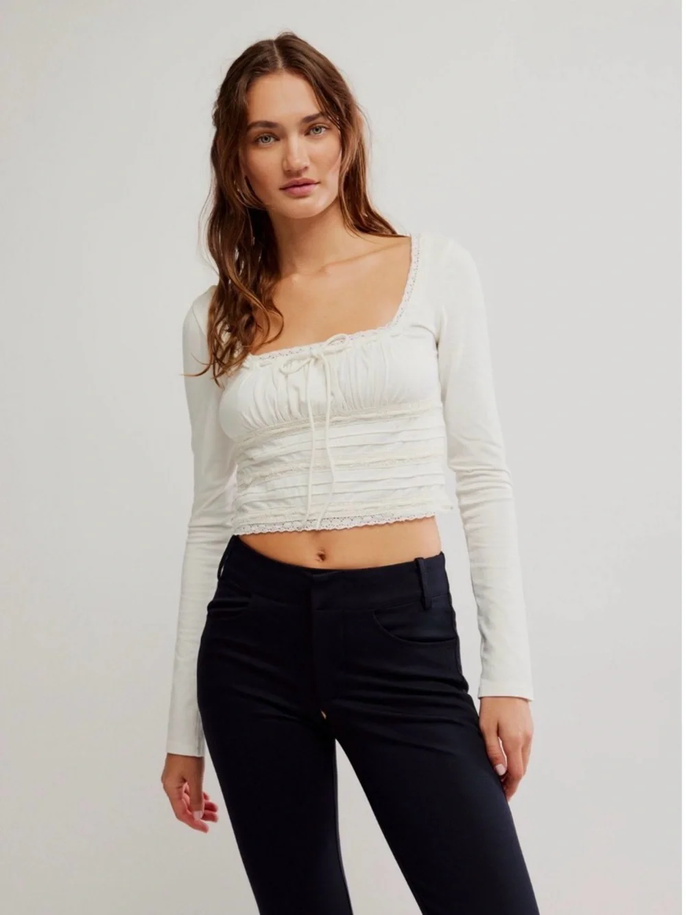 Free People Square Neck Scarlet Smocked Long Sleeve in White Size Small NWOT